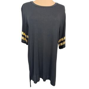 Ginger G Black Tunic Top Womens Large Gold Foil Sleeve Stripes Soft Jersey Tee